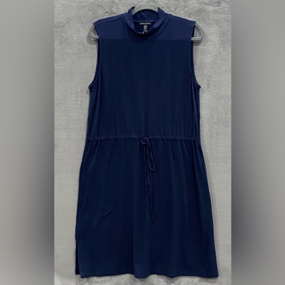 Eileen Fisher Mock Neck Tie Waist Navy Blue Sleeveless Dress Size Large NWOT